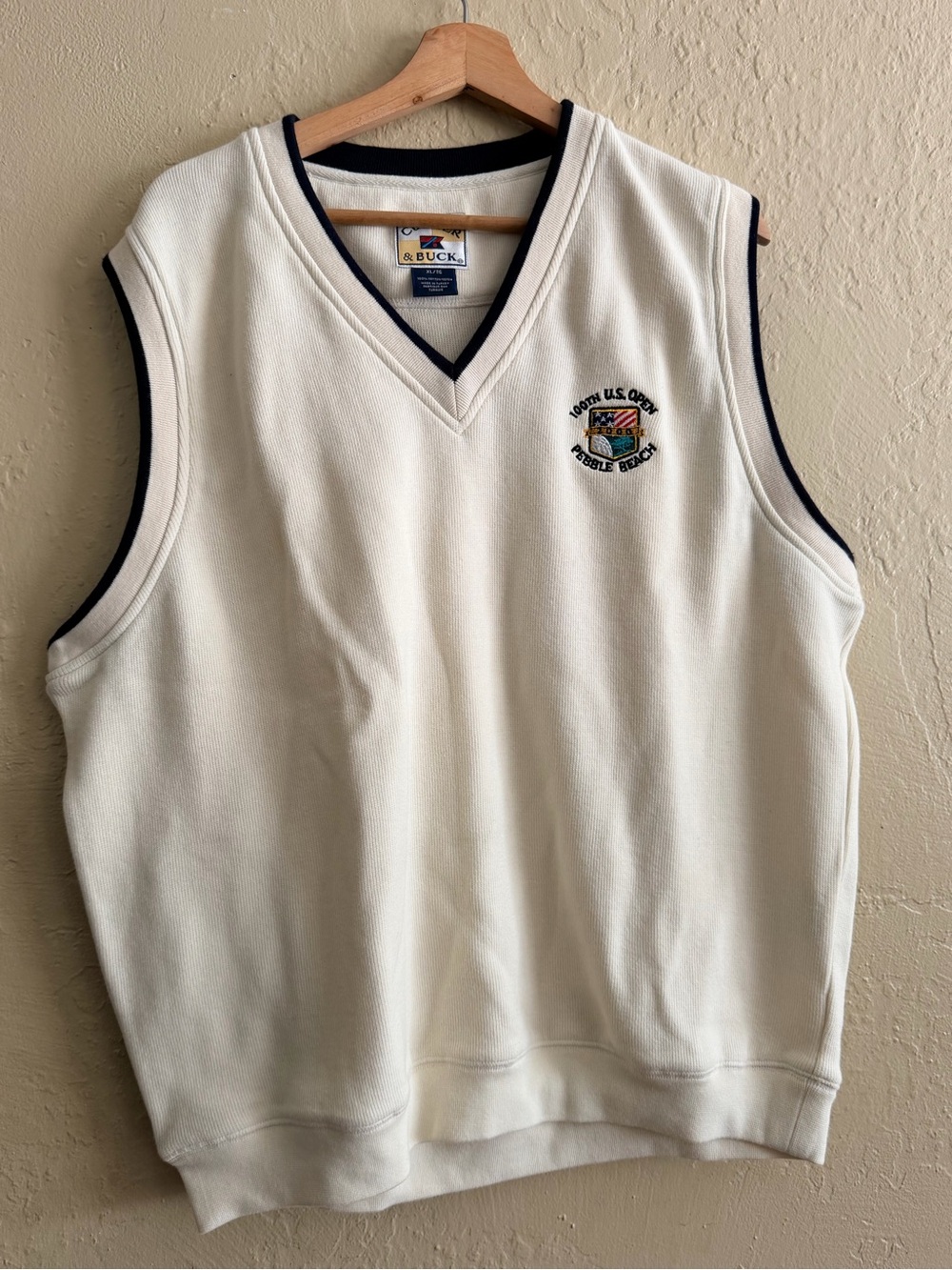 Cutter & Buck Cream V-Neck Golf Sweater Vest with Navy Trim